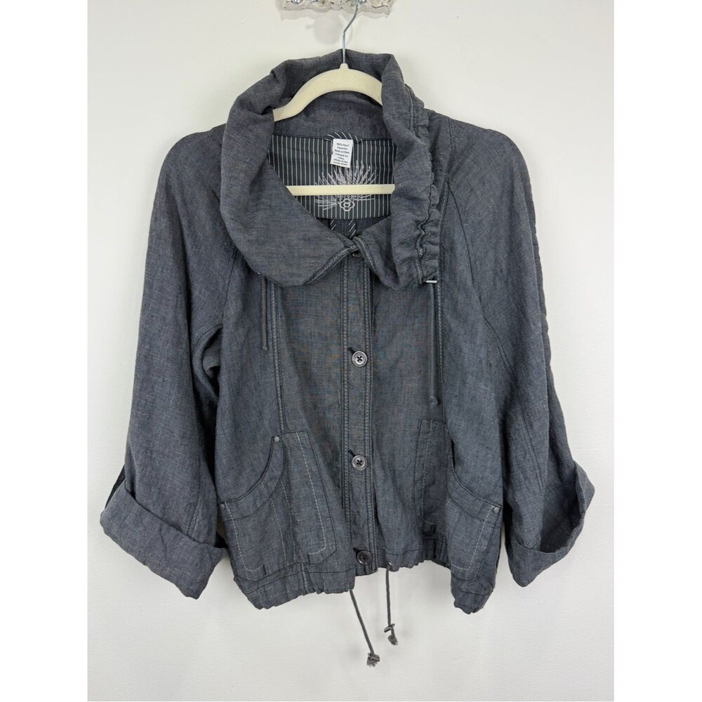 Olsen Europe Gray Linen Utility Jacket Roll Tab Sleeves Boho US 8